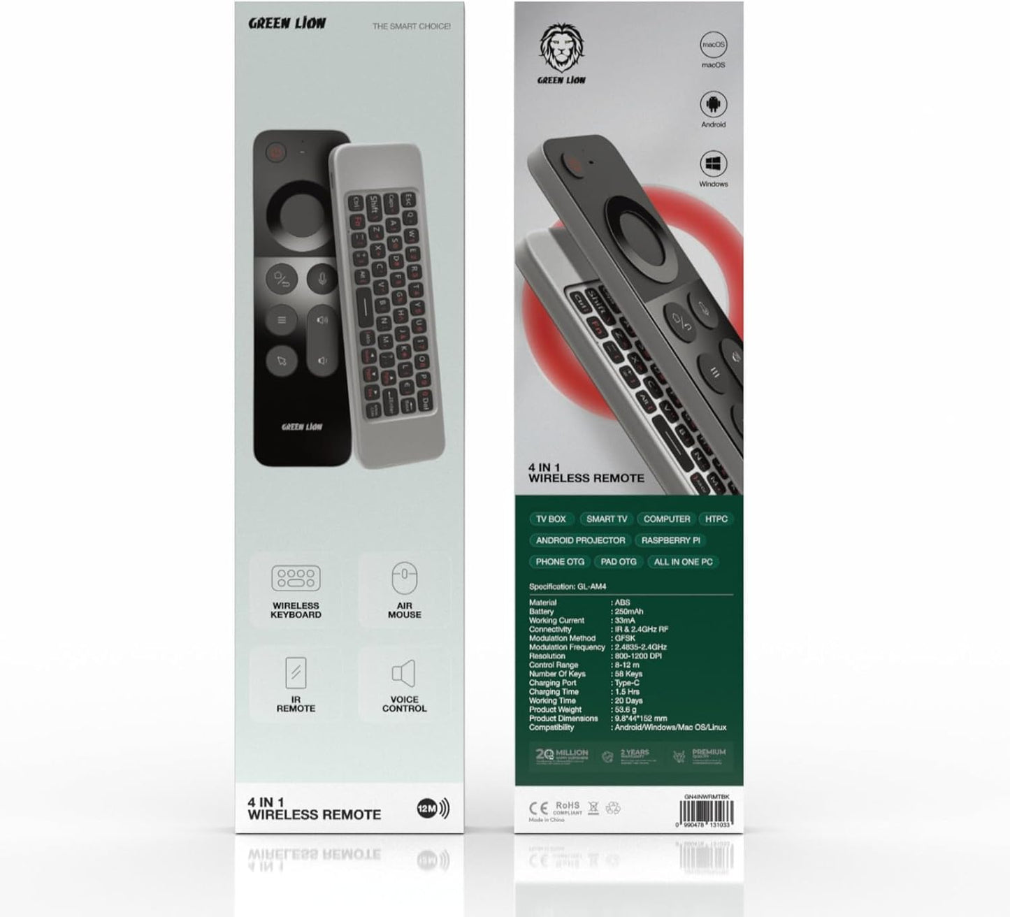Green Lion Rechargeable 4 in 1 Wireless Universal Remote With Keyboard, for Samsung Smart-TV, Air mouse, Ir remote, Voice control, Compatible With Computer, Projector, Android/Windows/MacOS/Linux