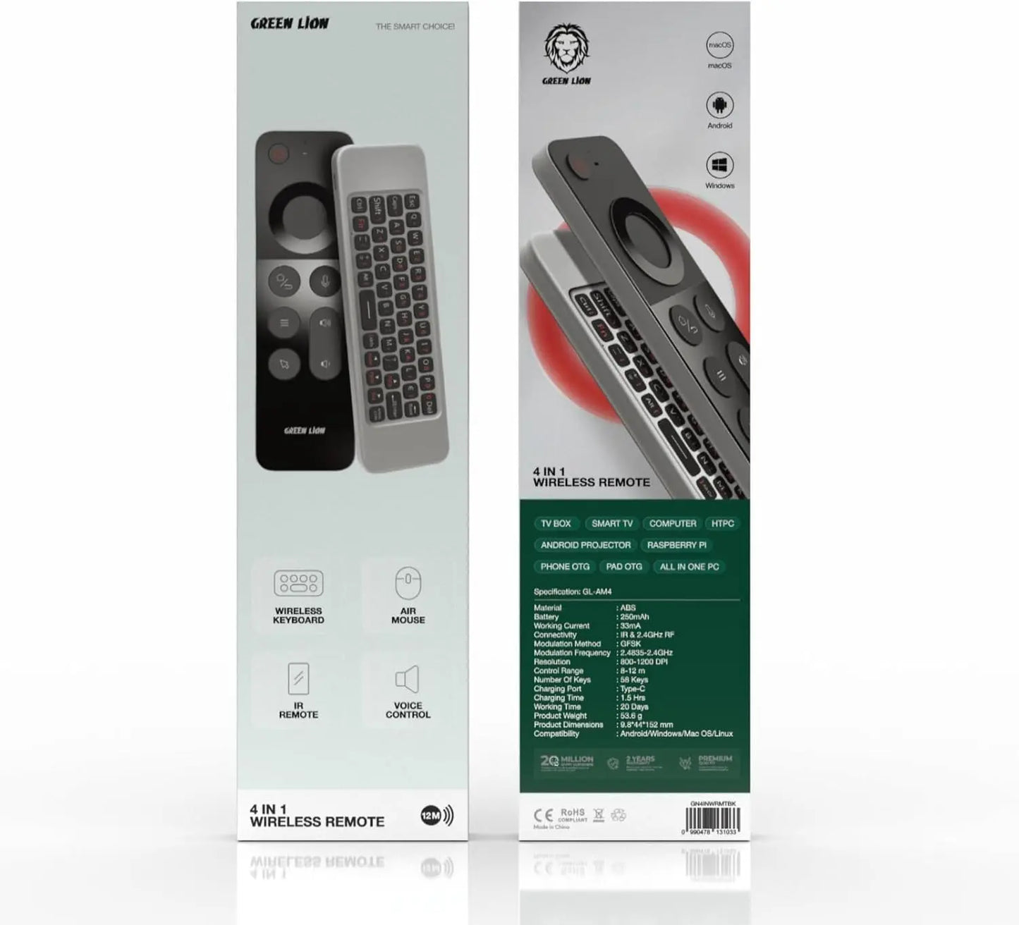 Green Lion Rechargeable 4 in 1 Wireless Universal Remote With Keyboard, for Samsung Smart-TV, Air mouse, Ir remote, Voice control, Compatible With Computer, Projector, Android/Windows/MacOS/Linux The Wonders Mart Trading™