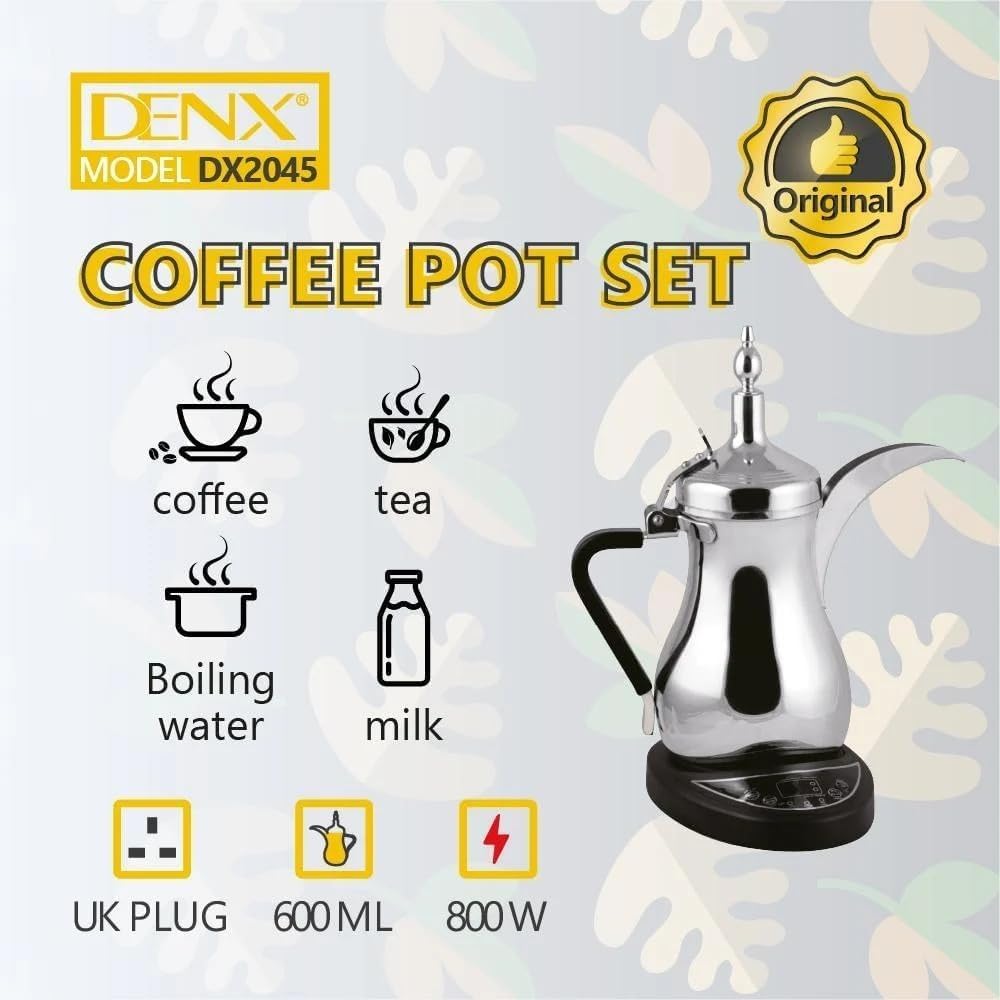 DENX 800W Arabic Electric Coffee Pot – 600ml Stainless Steel Kettle for Coffee, Tea, Milk & Water | Fast Boil, Stable Base, Energy-Efficient (DX2045)