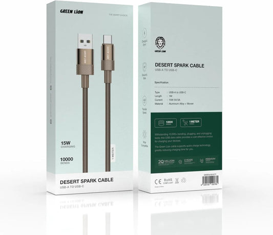 Green Lion USB-C to USB-A Cable 12W, Desert Spark & Woven Design, Fast Charging, 480 Mbps Data Transfer, Aluminum Alloy, Durable 10,000 Bends, Secure & Safe, Charge & Sync - Desert Titanium