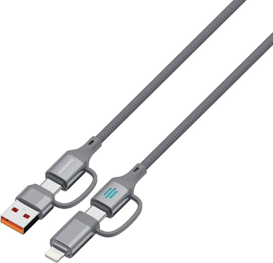 Porodo 4-in-1 High-Speed Charging Cable 240W, 1 Meter Length, USB-C/USB-A/Lightning Head Connector, 480Mbps Data Transfer Speed, Tangle-Free, Durable Braided Material (Silver)