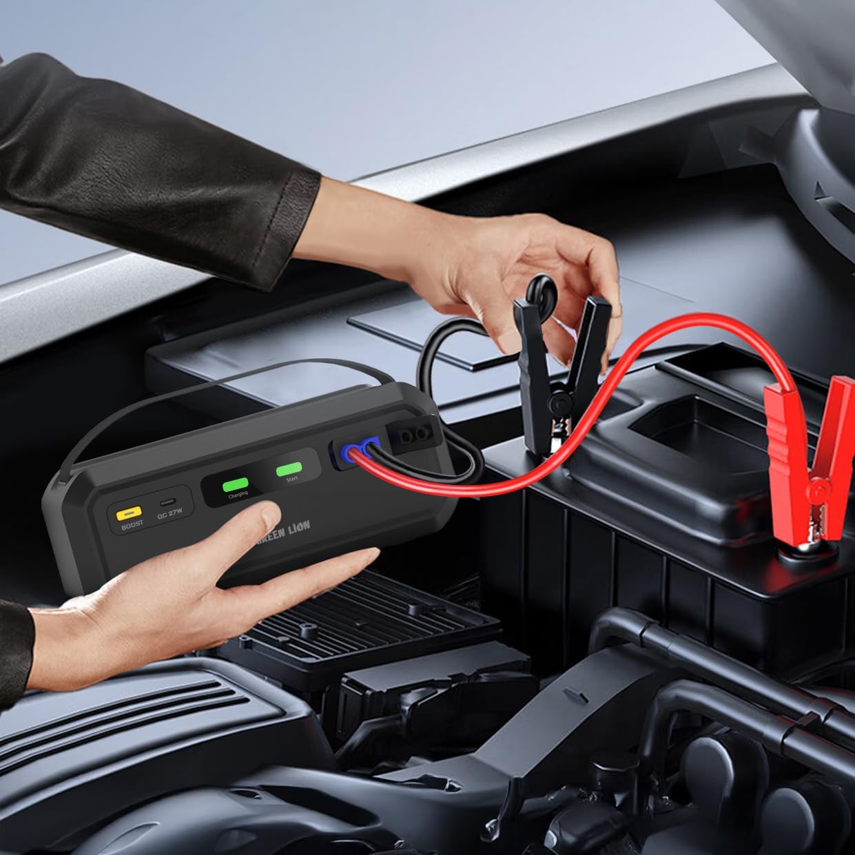 Green Lion Super Capacitator 12V Batteryless Jump Starter, 1000A Portable Battery Charger, 3 Min Quick Charging, 7L/4L Gasoline/Diesel Engines, Car Battery Clip & USB-C Charging Input