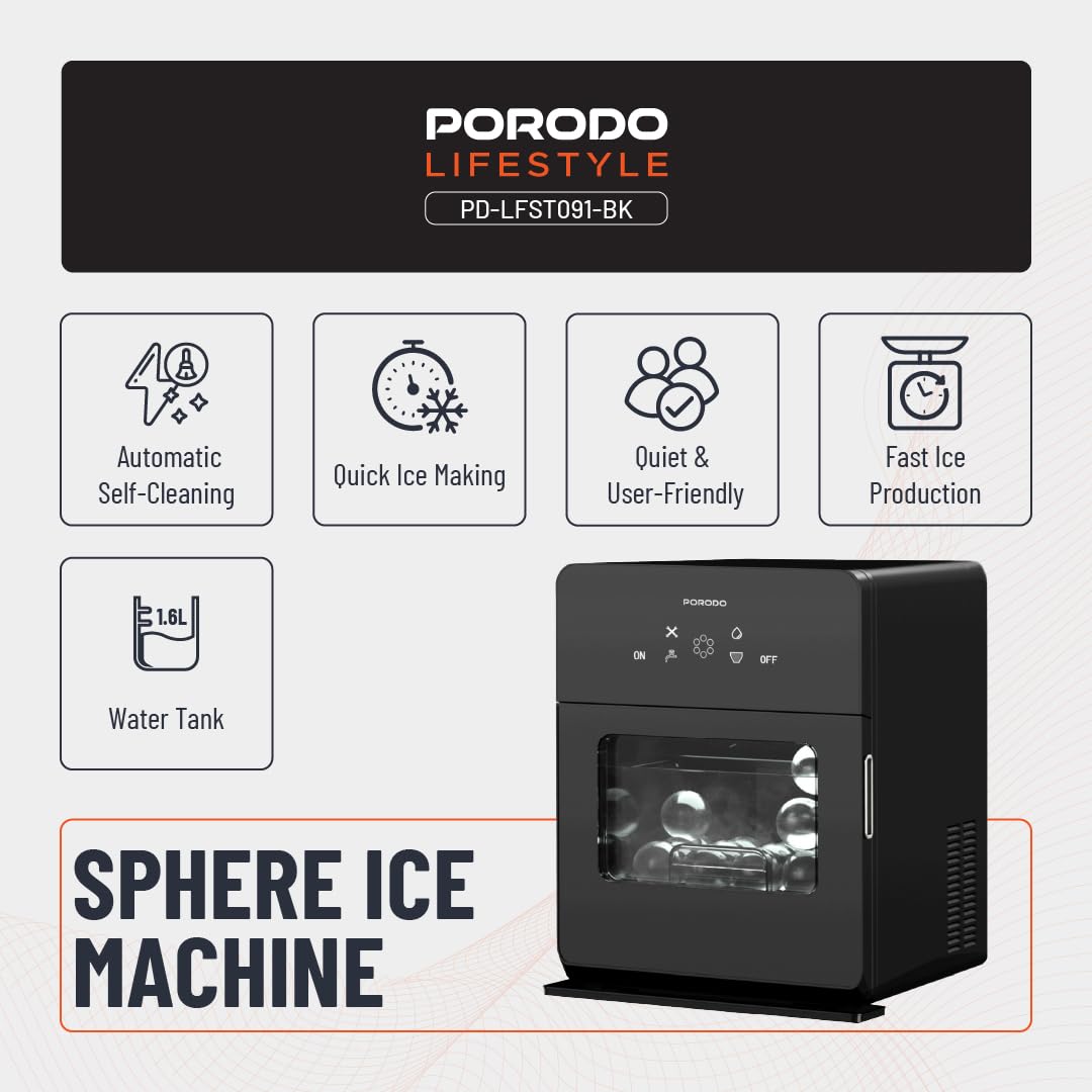 Porodo Sphere Ice Maker Countertop 250W, Auto-Cleaning, 160 Bullet Ice Cubes Daily (10kg/24H), 1.6L Water Tank, Waterline Pipe, Quiet Operation, Portable Ice Machine for Home Kitchen Office Party