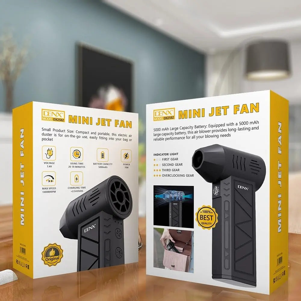 DENX Turbo Power Mini Jet Fan – 130,000 RPM Cordless Air Blower | 70W, 5000mAh Battery, 4-Speed Cleaning for Electronics, Cars & Home (Model DX2582) The Wonders Mart Trading™