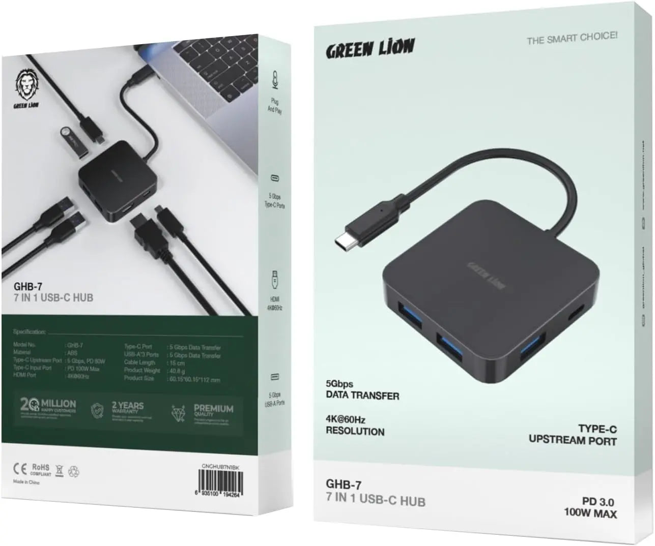 Green Lion 7-in-1 USB-C Hub – 100W PD, 3× USB-A Ports (5Gbps), 4K/60Hz HDMI, Type-C Data Upstream, 15cm Cable – Black The Wonders Mart Trading™
