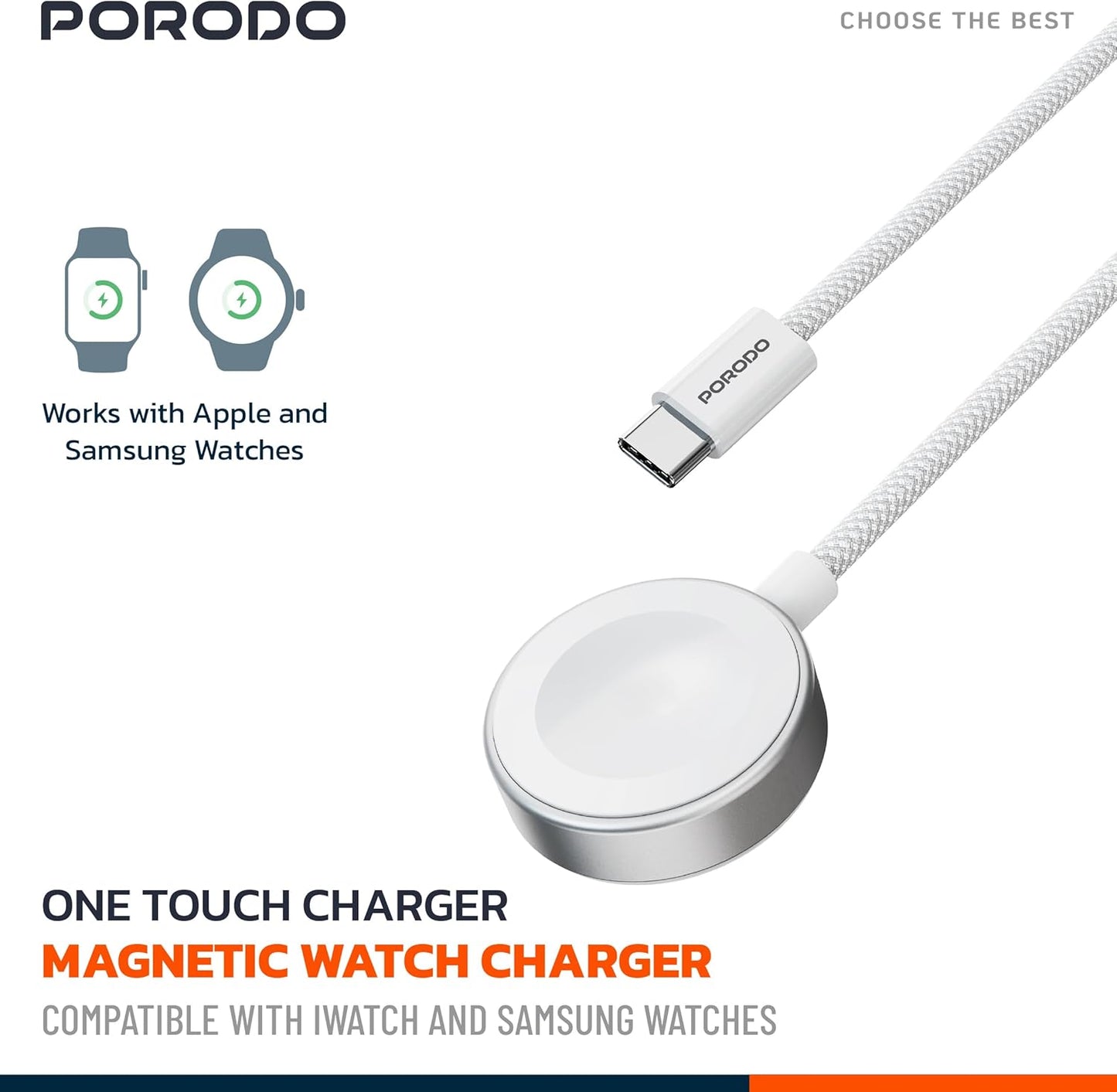 Porodo One Touch Charger magnetic Watch Charger 2.5W, Compatible with iWatch & Samsung Watch, Strong Magnet, High-Speed Charging, Durable Cotton Briaded Material, USB-C Connector - White