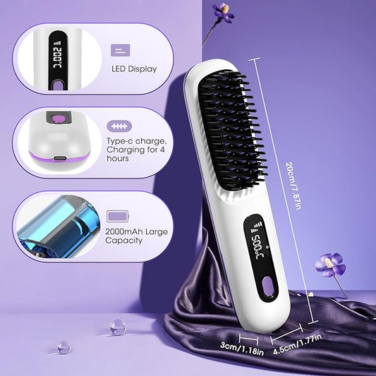 DENX DX1358 Wireless Straight Hair Comb – Cordless Ceramic Heated Brush with 3 Heat Settings & 4000mAh Battery | Lightweight Portable Hair Styler for Quick Touch-Ups