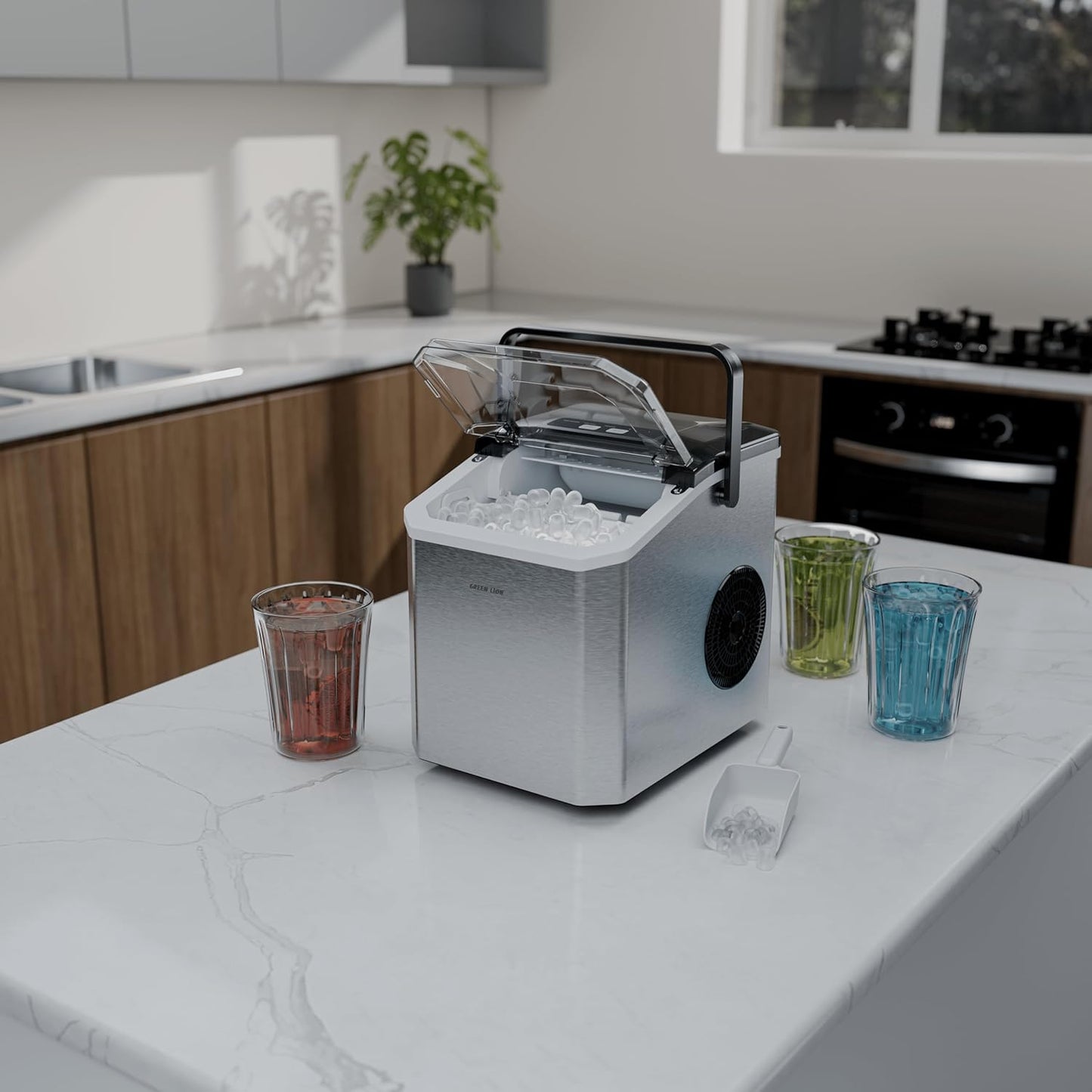 Green Lion Instant Ice Maker, 8min Quick Ice, 130W, Self Cleaning Countertop Ice Maker Machine, Portable Handle, 1.3L Water Tank, 500g Ice Basket + Scoop, Touch Controls, for Home, Kitchen, Party - Grey