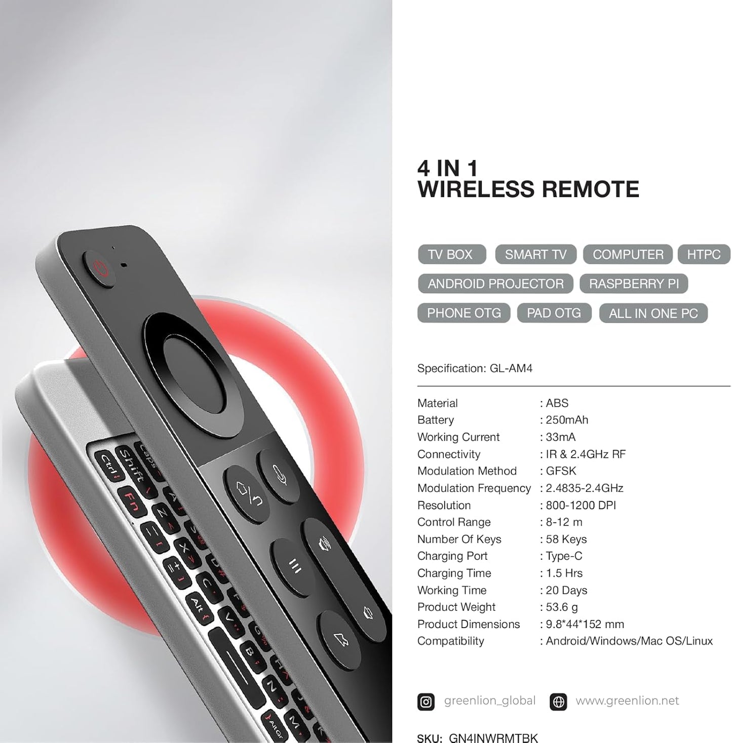 Green Lion Rechargeable 4 in 1 Wireless Universal Remote With Keyboard, for Samsung Smart-TV, Air mouse, Ir remote, Voice control, Compatible With Computer, Projector, Android/Windows/MacOS/Linux