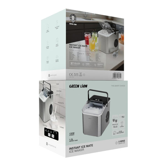 Green Lion Instant Ice Maker, 8min Quick Ice, 130W, Self Cleaning Countertop Ice Maker Machine, Portable Handle, 1.3L Water Tank, 500g Ice Basket + Scoop, Touch Controls, for Home, Kitchen, Party - Grey