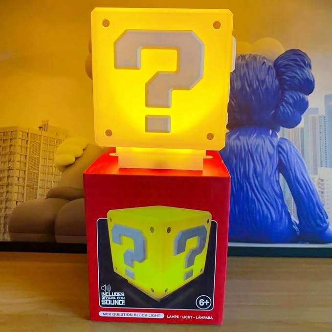 Super Mario Bros. Question Block Night Light – With Game Sound Effects | USB Rechargeable & Silent Mode