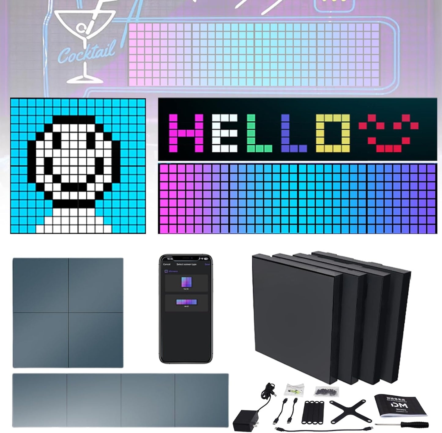Pixel Art Display Screen, Digital Pixel Screen, 1+3 Combination Photo Frame, 16*16/8*32 DIY Programmable Pixel Art Led Display, Digital Alarm clock, Neon Light for Room Decoration Unique Lighting Deco
