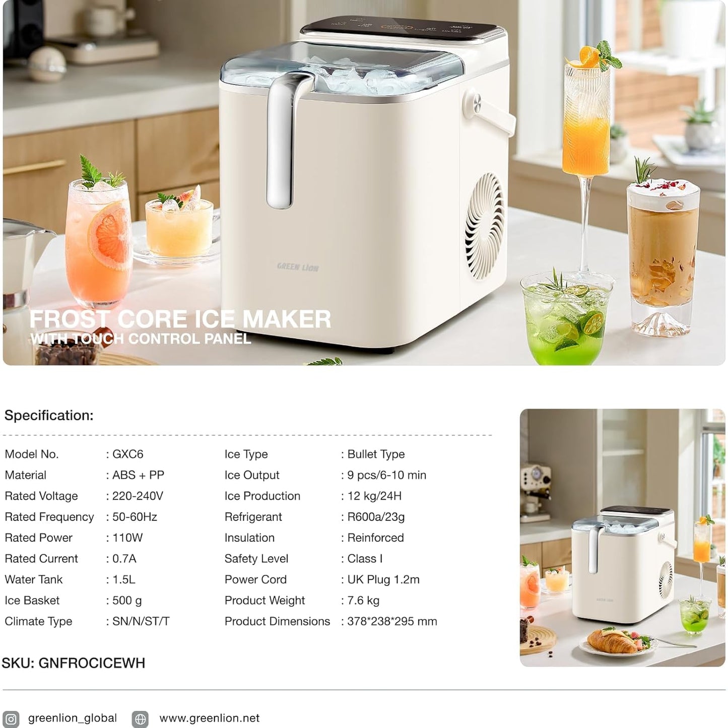 Green Lion Frost-Core Ice Maker Countertop, Portable Ice Machine with Self-Cleaning Function & Touch Control Panel, 12Kg/24H, Ideal for Home, Kitchen, Camping, RV, Office, Party - Cream White