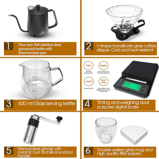 V60 Coffee Brewing Kit – Portable Pour Over Set with Manual Grinder, Gooseneck Kettle, Glass Dripper & More (with Travel Bag )
