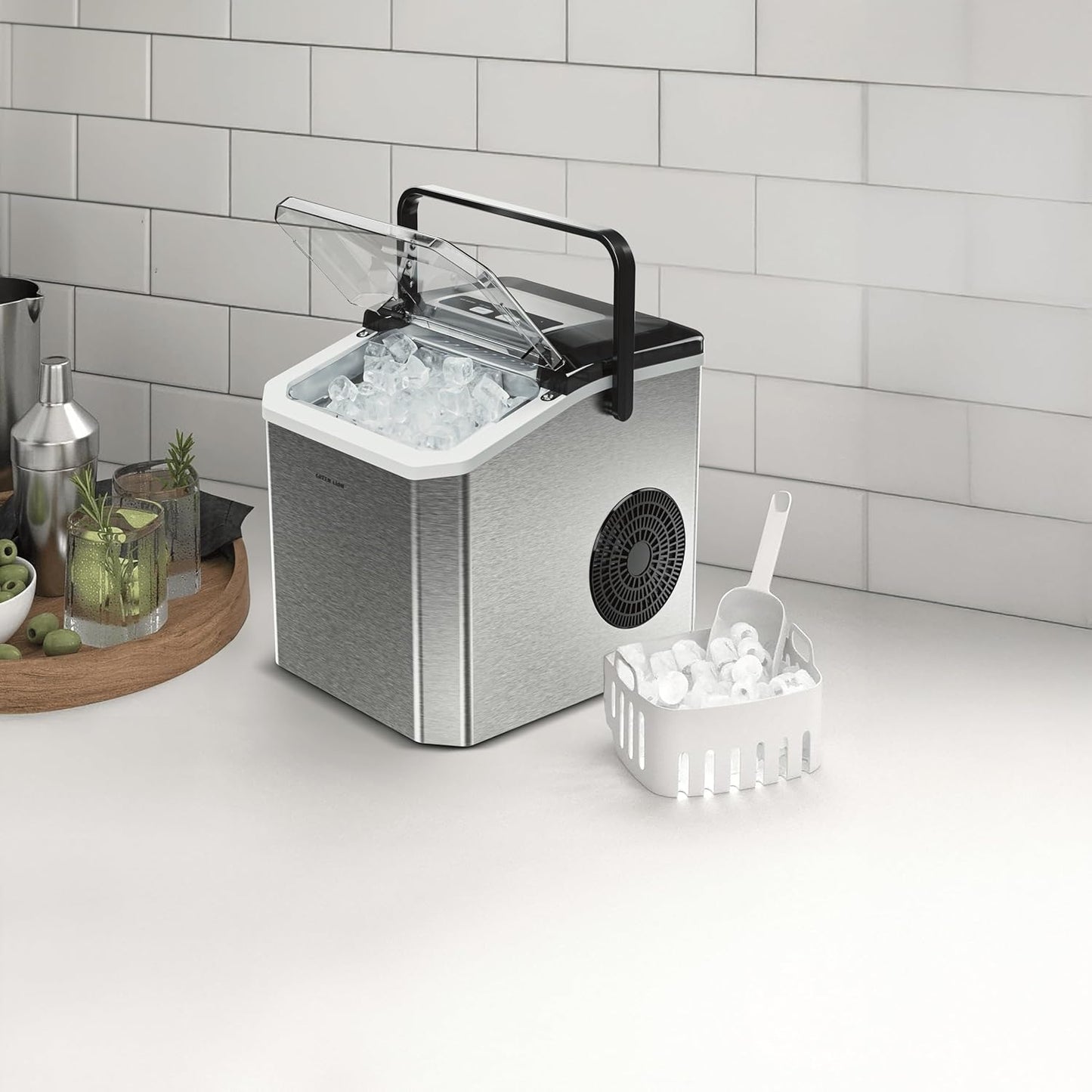 Green Lion Instant Ice Maker, 8min Quick Ice, 130W, Self Cleaning Countertop Ice Maker Machine, Portable Handle, 1.3L Water Tank, 500g Ice Basket + Scoop, Touch Controls, for Home, Kitchen, Party - Grey