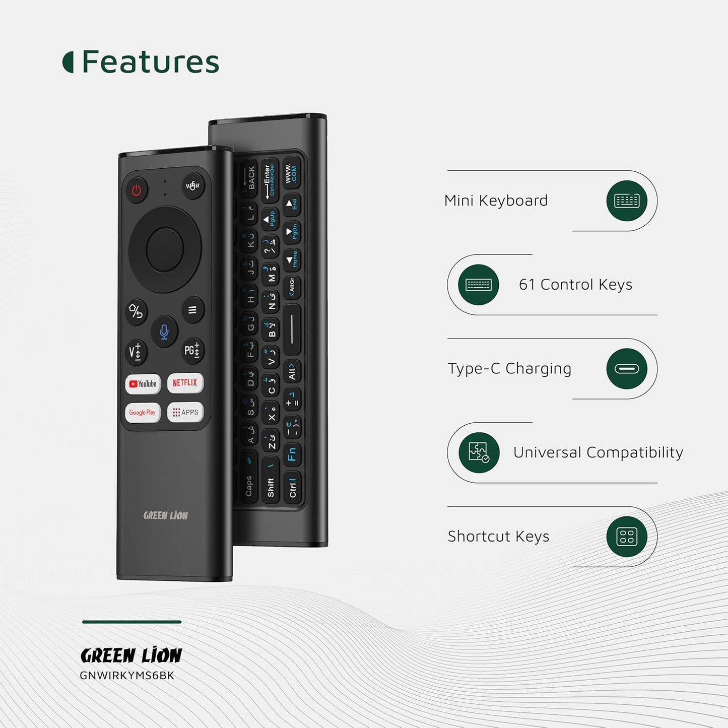 Green Lion Rechargeable Wireless Universal Remote for Samsung TVs Air Mouse & Keyboard (EN/AR), Voice Assistant, Compatible With Android TV Box, PC, Computer, Projector, Android/Windows/MacOS/Linux