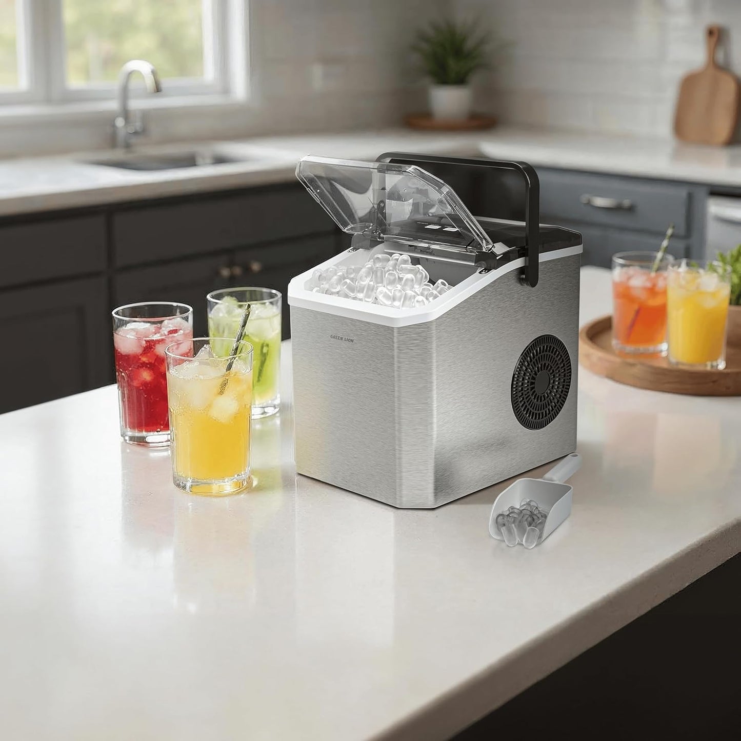 Green Lion Instant Ice Maker, 8min Quick Ice, 130W, Self Cleaning Countertop Ice Maker Machine, Portable Handle, 1.3L Water Tank, 500g Ice Basket + Scoop, Touch Controls, for Home, Kitchen, Party - Grey