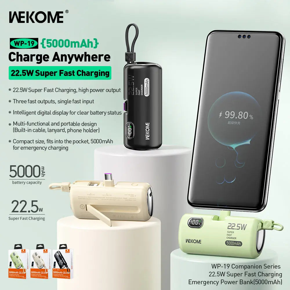 WEKOME WP-19 Mini Power Bank 5000mAh – 22.5W Fast Charging | Type-C + iPhone Cable | Ultra Compact Portable Charger The Wonders Mart Trading™