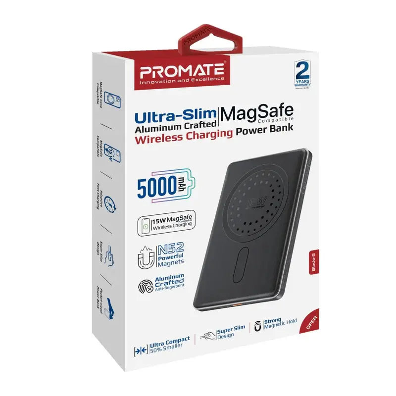 Promate Blade-5 Ultra Slim 5000mAh Power Bank with 15W MagSafe Wireless & 20W USB-C PD Fast Charging The Wonders Mart Trading™