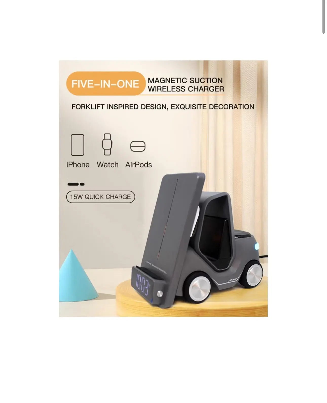 Smart Desktop Wireless Charger Forklift Design – Multi-Device Charging Station with Night Light & Digital Clock 5-in-1 The Wonders Mart Trading™