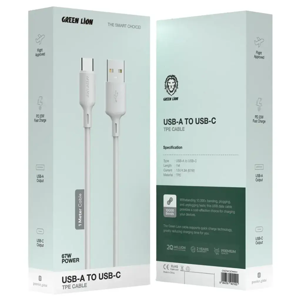 Green Lion 67W USB-A to USB-C Fast Charging & Data Transfer Cable, PD 20W, 1m TPE Cord Supporting Turbo Charging for Xiaomi, Huawei, S25/S24/S23/S22, iPhone 16/15/14/13, Laptop, MacBook The Wonders Mart Trading™