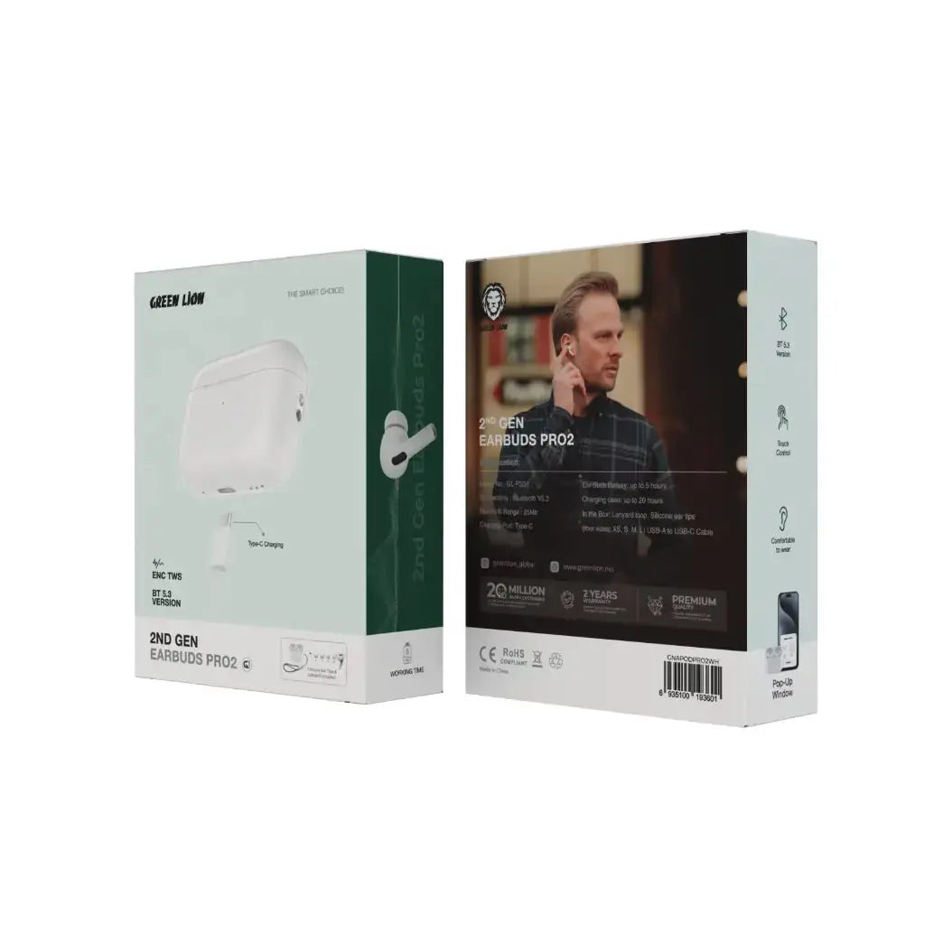 Green Lion D2 Earbuds Pro 2, Touch Control, Improved Battery, Wireless Charging The Wonders Mart Trading™