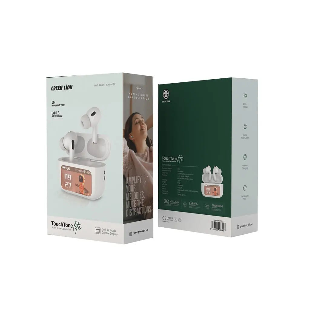Green Lion Touch Tone Lite Active Noise Cancellation,Built In Touch Display,Wireless Charging,5H Working Time,BT 5.3 Version,25M Bluetooth Range,IPX5 Waterproof,13mm High-Excursion Driver - White The Wonders Mart Trading™
