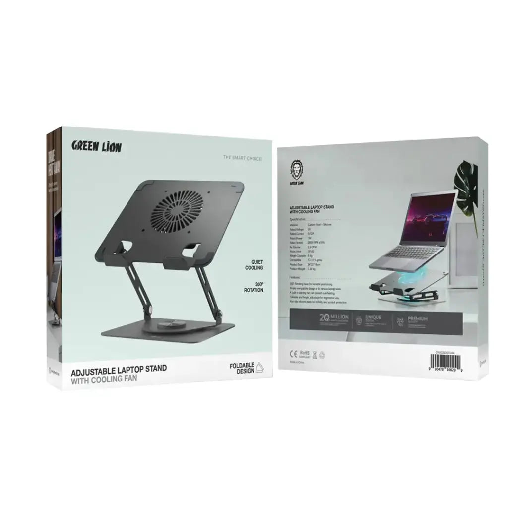 Green Lion Adjustable Laptop Stand with Cooling Fan – 360° Rotation, Foldable, Metal Build, Fits 13"-17" Laptops – Black The Wonders Mart Trading™