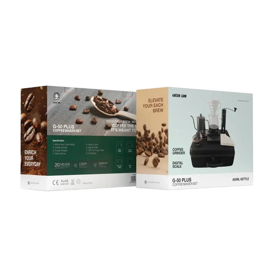 Green Lion G-50 PLUS Complete Coffee Maker Set – Pour Over Kit with 600ml Kettle, Grinder, Dripper, Glass Server, 2 Cups, Filters & Digital Scale – Travel Box Included – Black
