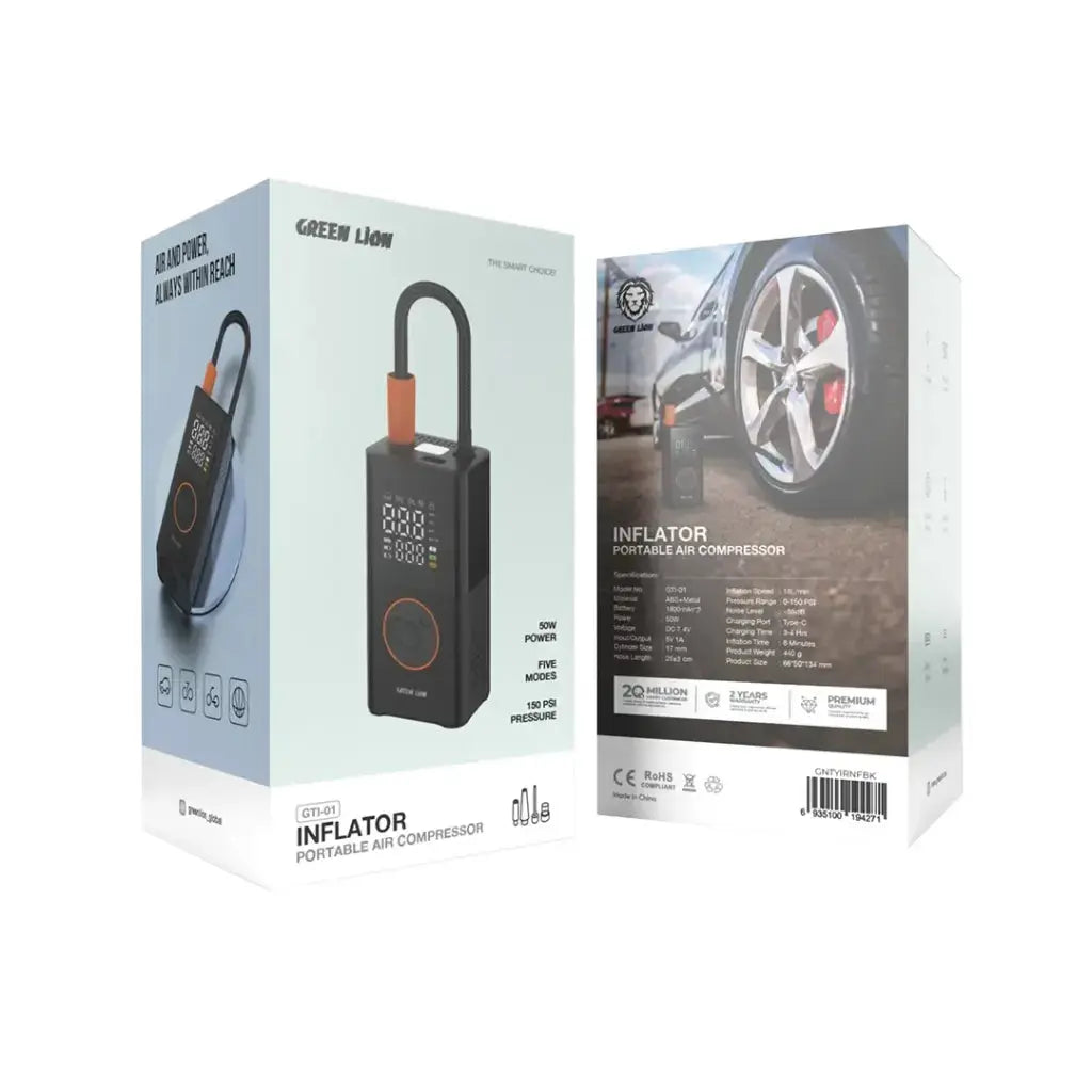 Green Lion GTI-01 Portable Air Compressor – 150 PSI, Dual Battery, 50W Power, Type-C Rechargeable – Black The Wonders Mart Trading™