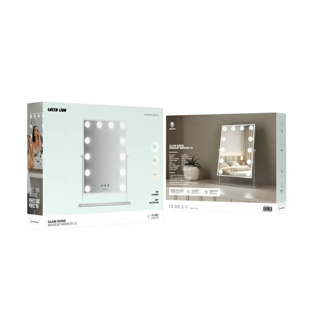 Green Lion Glam Shine Makeup Mirror – 9 LED Lights, 3 Color Modes, Touch Control, 360° Rotation – White The Wonders Mart Trading™