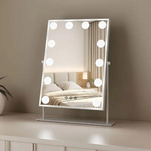 Green Lion Glam Shine Makeup Mirror – 9 LED Lights, 3 Color Modes, Touch Control, 360° Rotation – White