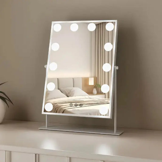 Green Lion Glam Shine Makeup Mirror – 9 LED Lights, 3 Color Modes, Touch Control, 360° Rotation – White The Wonders Mart Trading™