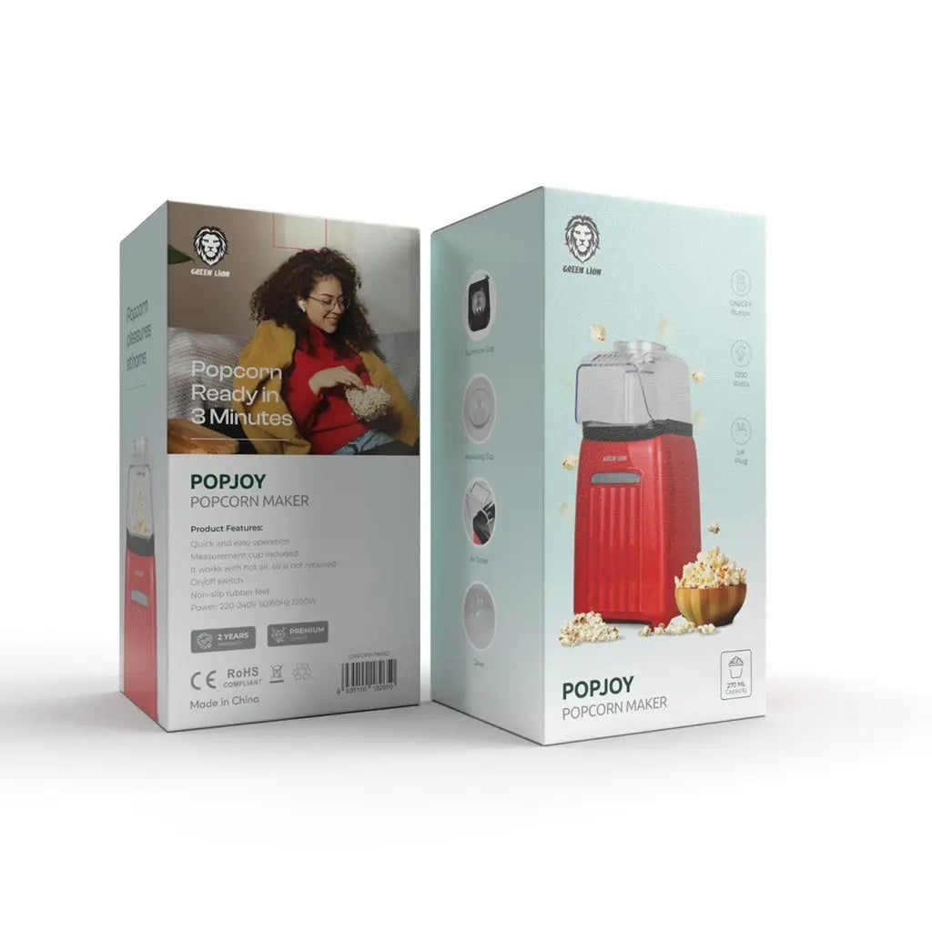 Green Lion PopJoy Popcorn Maker – 1200W, 270mL Capacity, Hot Air Popping, Non-Slip Base – Red The Wonders Mart Trading™