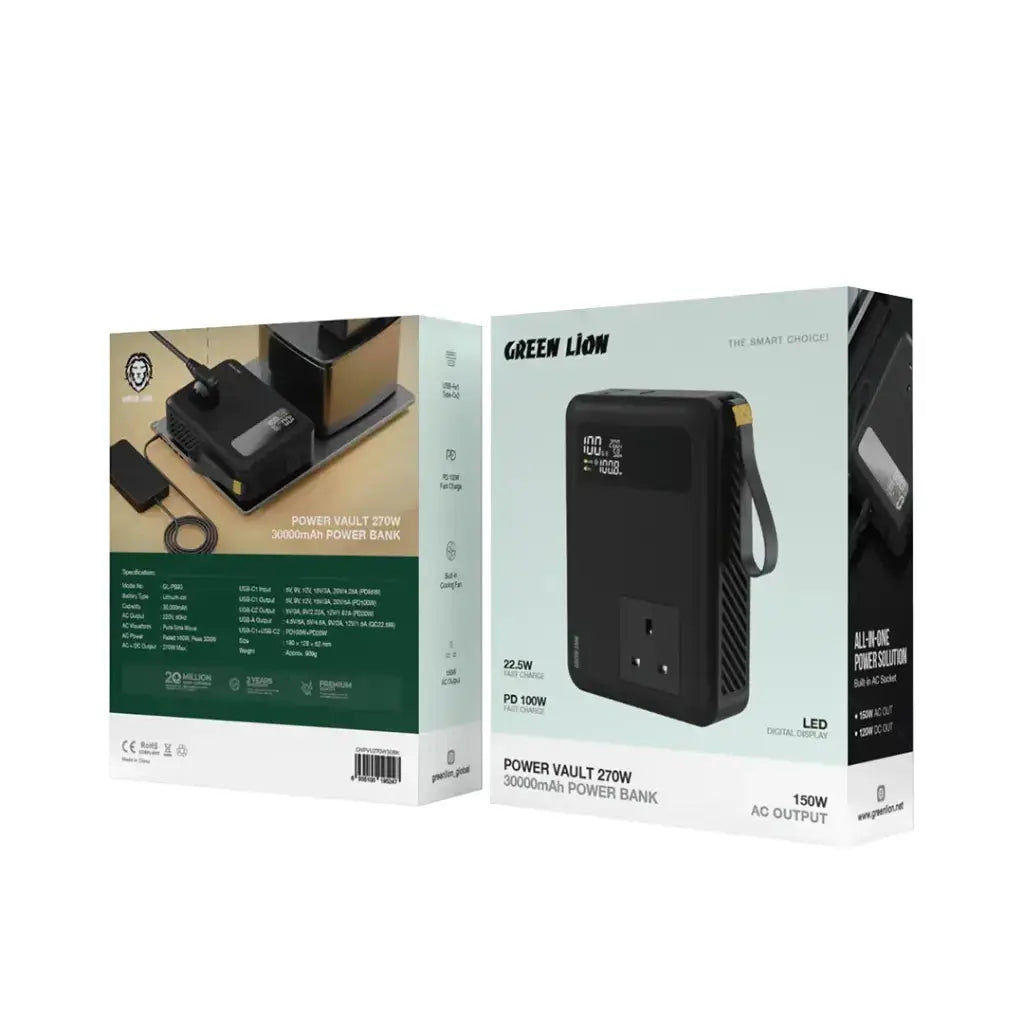 Green Lion Power Vault 270W Power Bank – 30000mAh, PD100W Fast Charging, AC Output, Built-In Cooling Fan – Black The Wonders Mart Trading™
