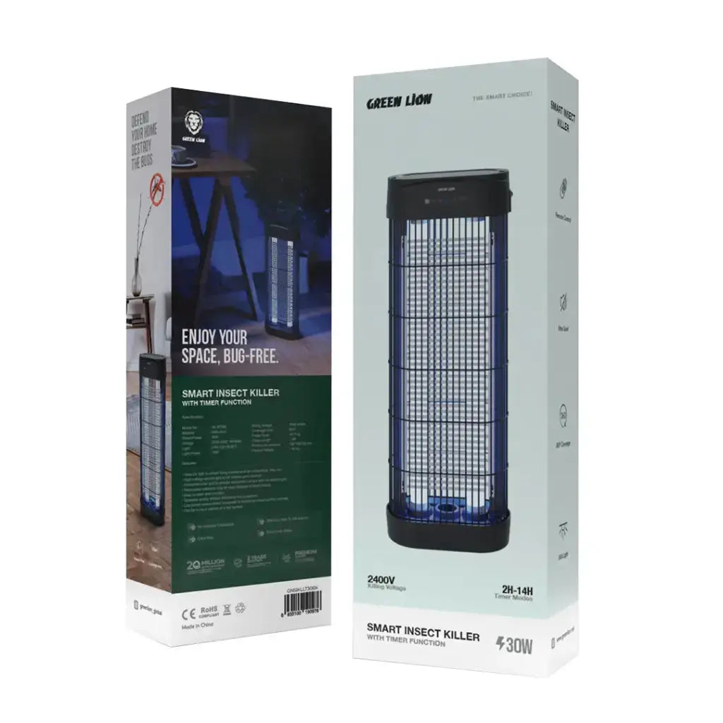 Green Lion Smart Insect Killer with Timer & Remote – 30W, Dual UVA Bulbs, 2000–2400V Grid, 80m² Coverage – Black The Wonders Mart Trading™
