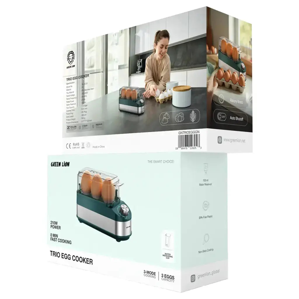 Green Lion Electric Egg Cooker – Smart (1–6 Eggs, 400W) & Trio (1–3 Eggs, 210W) Variants with Auto Shutoff & Easy Operation – BPA-Free – Green The Wonders Mart Trading™