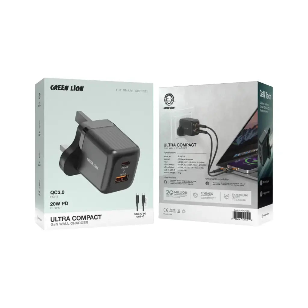Green Lion Ultra Compact GaN Wall Charger UK Pin A+C 20W (with C to C / C to L Cable) - Black The Wonders Mart Trading™