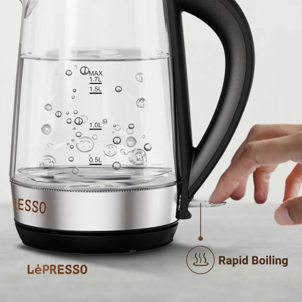 LePresso 360 Transparent Quick-Boil Glass Kettle – 1.7L Fast-Boiling Electric Kettle with LED Illumination | Sleek Glass Design, 2200W Power, UK 3-Pin Plug – Black The Wonders Mart Trading™