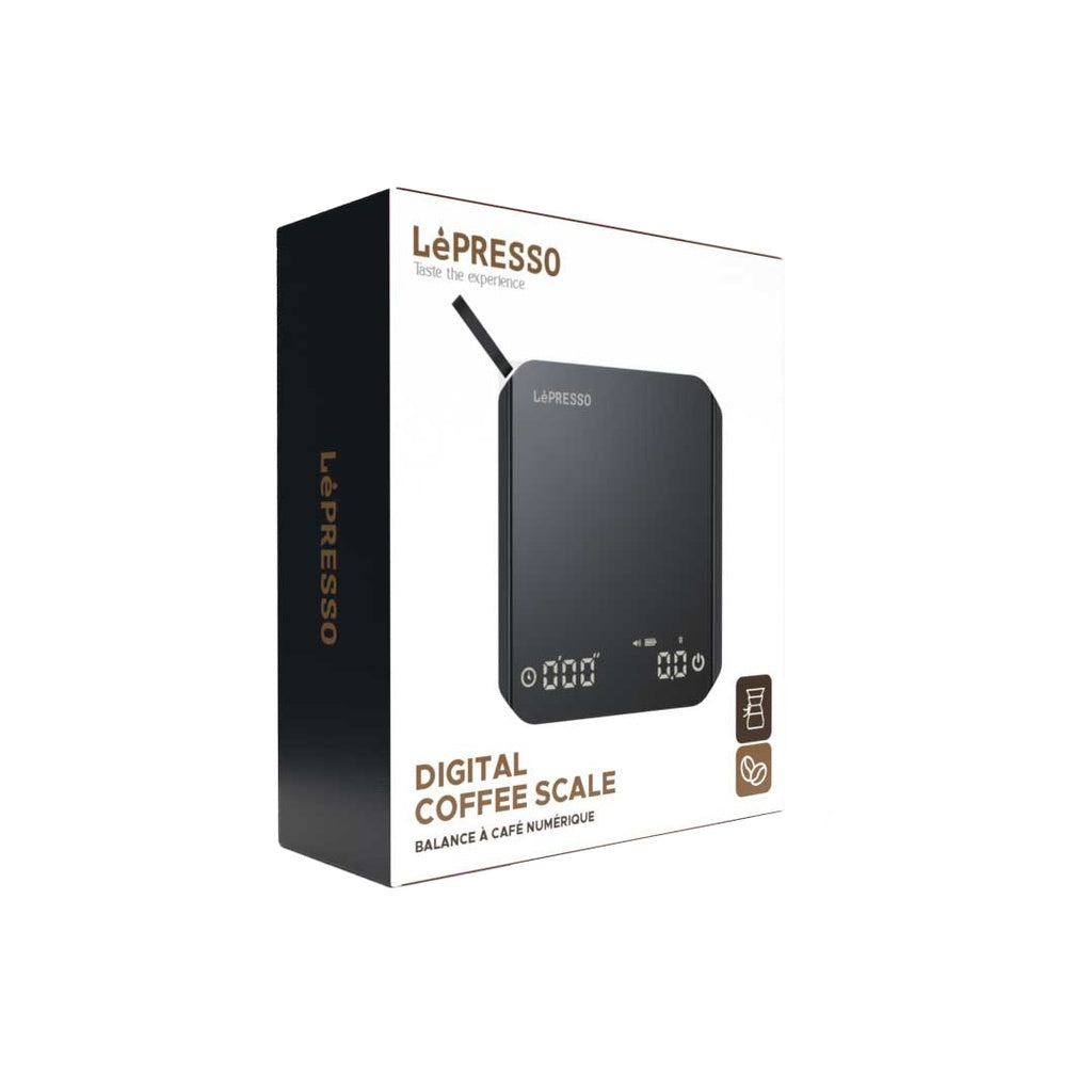 LePresso Digital Coffee Scale with Timer – Precision LED Display, Tare Function, Auto Shut-Off, 800mAh Rechargeable Battery, Non-Slip Platform – Black