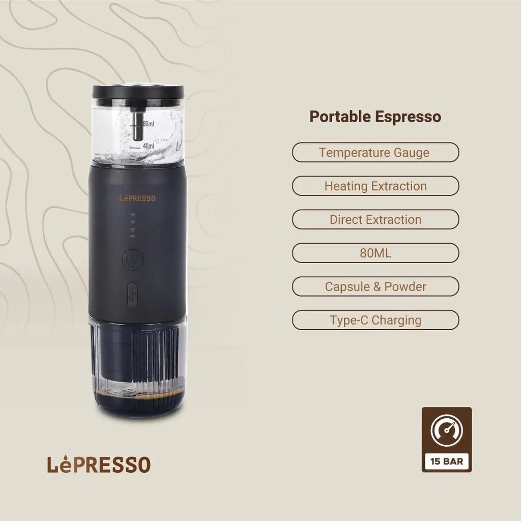 LePresso Portable Espresso Coffee Machine with Thermal Meter, Self-Heating with USB C, Travel, Camping Coffee Maker, 80 ml, 15 Bar Extraction Pressure,135W Power, Compatible Original NS Capsules The Wonders Mart Trading™