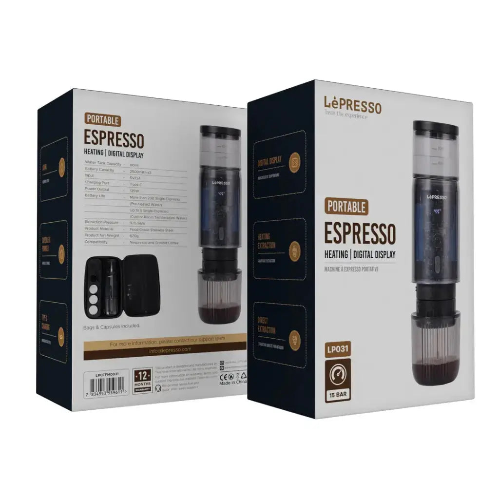 LePresso Portable Mini Espresso Machine – 15 Bar Pressure, Self-Heating, Type-C Rechargeable, Compatible with Capsules & Ground Coffee | Includes Travel Pouch (80ml, 7500mAh Battery) The Wonders Mart Trading™