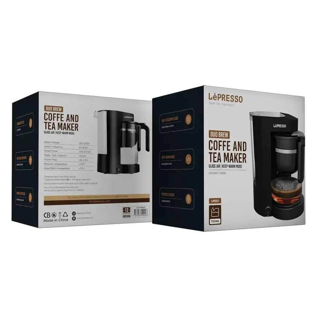 LePresso Duo Brew Coffee & Tea Maker – Dual Brewing System with Permanent Filter & Keep-Warm Mode | 750mL Capacity, Heat-Resistant Glass, Overheat Protection, UK 3-Pin Plug – Black The Wonders Mart Trading™