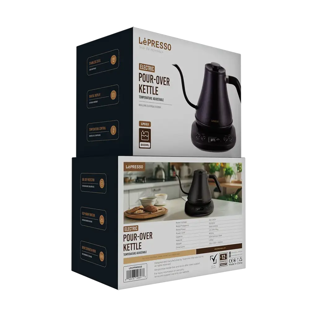 LePresso Electric Pour-Over Kettle – Precision Gooseneck Kettle with Digital Display, Temp Control & Brew Stopwatch | 800mL, 304 Stainless Steel, 1200W (Black)
