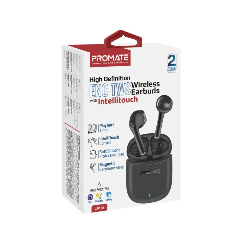 Promate Lima | True Wireless Earbuds with ENC Noise Reduction, 30-Hour Playback, IntelliTouch Controls & Bluetooth v5.3 – With Protective Case & Strap The Wonders Mart Trading™