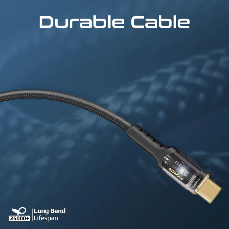 Promate LucidLine-CC200 | 100W Power Delivery USB-C Cable with LED Light & Transparent Connectors