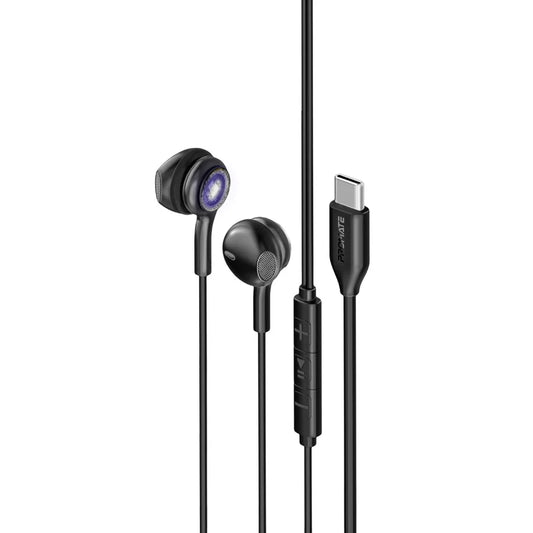 Promate LumiBuds-C | Transparent USB-C RGB Wired Stereo Earphones with Mic, 14mm Dynamic Drivers & In-Line Controls