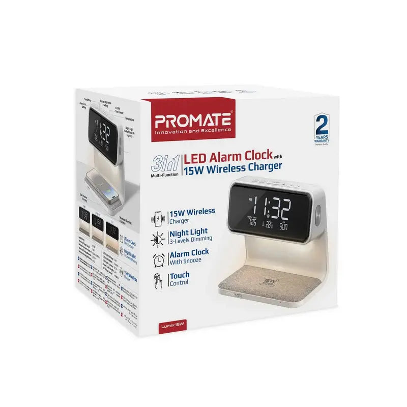 PROMATE Lumix-15W™ – 3-in-1 LED Alarm Clock with 15W Wireless Charger & Soothing Night Light The Wonders Mart Trading™