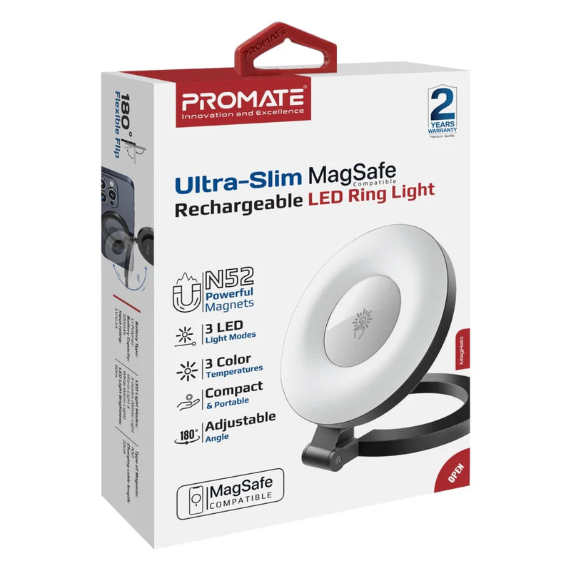 Promate MagHalo – Ultra-Slim MagSafe Rechargeable LED Ring Light for Phones (White/Warm/Natural Modes)