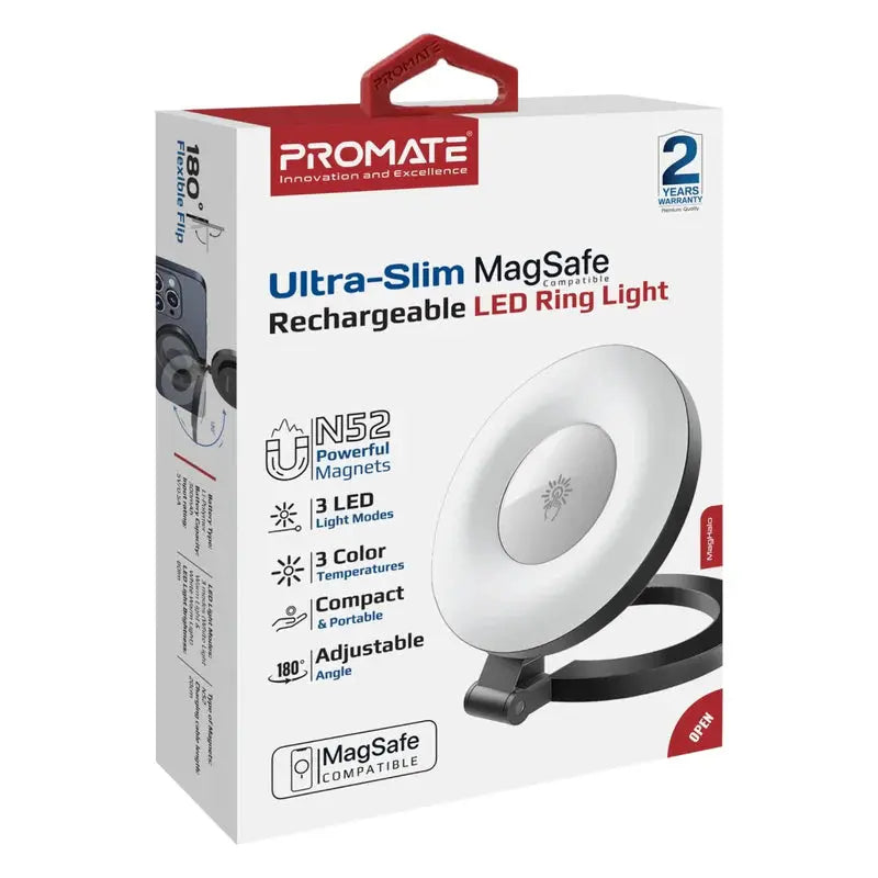 Promate MagHalo – Ultra-Slim MagSafe Rechargeable LED Ring Light for Phones (White/Warm/Natural Modes) The Wonders Mart Trading™